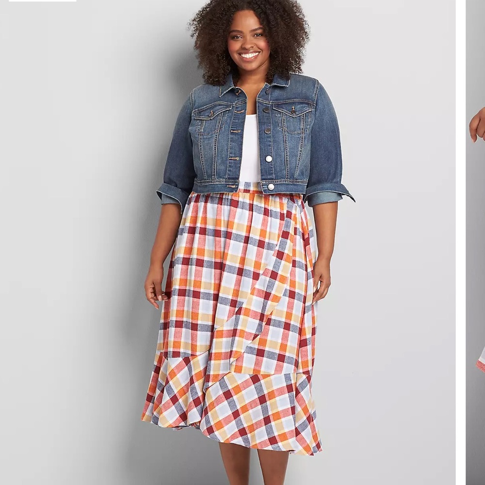 Lane Bryant Faux-Wrap Ruffle A-Line Skirt Soiree Plaid Linen Blend Sz 18/20